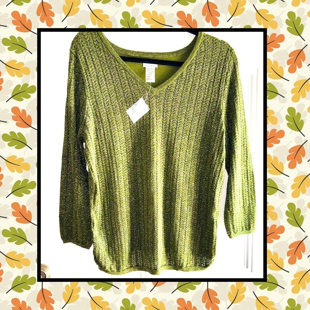 Jaclyn Smith Olive Metallic V-Neck Sweater NWOT Size XL